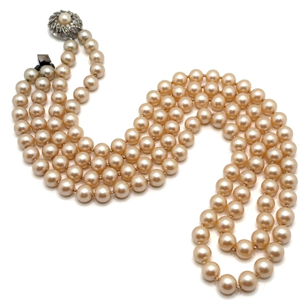Vintage Double Strand Faux Pearl Necklace Silver Tone Rhinestone Clasp 22"